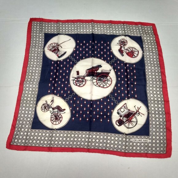 ❤️Vintage CELINE PARIS 100% Silk Horse Buggy Carriage Handrolled Hem Scarf - Picture 1 of 7